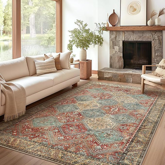 Bavni 8x10 Area Rugs for Living Room, Machine Washable Rug Non Slip, Vintage Chenille Distressed Print Carpet, Large Low Pile Ultra-Thin Lightweight Rugs for Bedroom, Dining Room, Office, Blue/Tan/Red