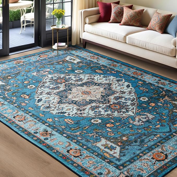YJ.GWL Area Rug for Living Room, 4x6 Machine Washable Boho Rug for Bedroom, Low Pile Lightweight Thin Rugs Floral Vintage Distress Print Pattern Carpet for Dining Room, Blue/Multi