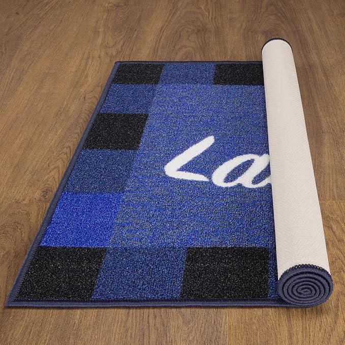 Ottomanson Machine Washable Checkered Border Laundry Room Rug Non-Slip Rubberback 2x3 Pack of 2 Laundry Area Rug for Laundry Room, Bathroom, Washroom, 26" x 35" - Pack of 2, Blue
