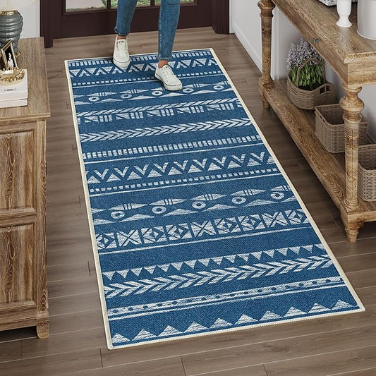 Runners for Hallways Kitchen Runner Rug Non Slip 2x6 Washable Runner Rugs Tear and Stain Resistance, Hand Woven Style Thin Runners for Hallways, Kitchen, Laundry, Bedroom, Bathroom- Blue