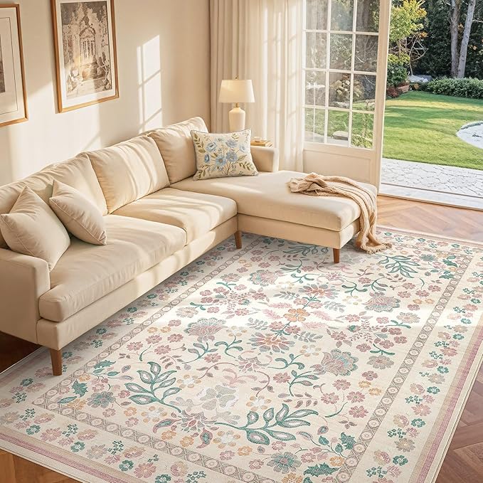 5x7 Area Rug Living Room Rugs Thickened - Washable Boho Vintage Floral Large Soft Non Slip Thin Rug Low Pile Carpet for Bedroom Dining Room Kids Playroom Office Decor Indoor- Pink 1