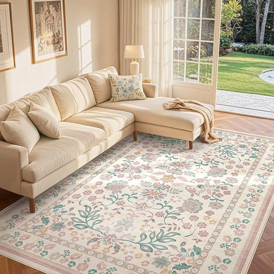 5x7 Area Rug Living Room Rugs Thickened - Washable Boho Vintage Floral Large Soft Non Slip Thin Rug Low Pile Carpet for Bedroom Dining Room Kids Playroom Office Decor Indoor- Pink 1