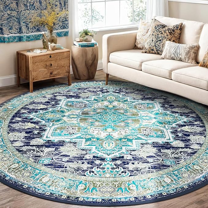 BESTSWEETIE 4ft Area Rugs for Living Room Washable Non Slip Carpet Low Pile Soft Vintage Print Pattern Rug for Bedroom Dining Room Kitchen Entryway Indoor-Teal/Navy/Green/Yellow