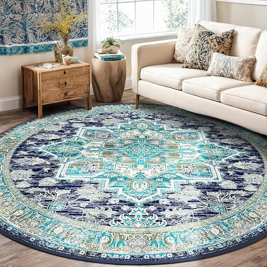 BESTSWEETIE 8ft Area Rugs for Living Room Washable Non Slip Carpet Low Pile Soft Vintage Print Pattern Rug for Bedroom Dining Room Kitchen Entryway Indoor-Teal/Navy/Green/Yellow