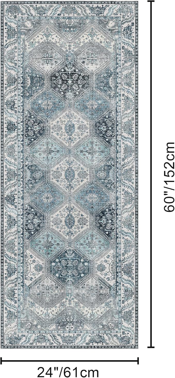 Bavni Clearance 2x5 Runner Rug Non Slip, Machine Washable Rug Runners for Hallways, Vintage Distressed Print Kitchen Runner, Low Pile Lightweight Carpet Runner for Entryway Laundry Bedroom, Light Grey