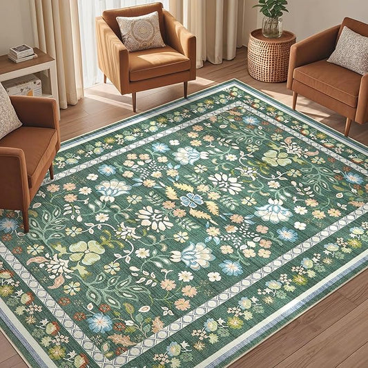 5x7 Area Rug Living Room Rugs - Washable Boho Vintage Floral Large Soft Non Slip Thin Rug Low Pile Carpet for Bedroom Dining Room Kids Playroom Office Decor Indoor- Green