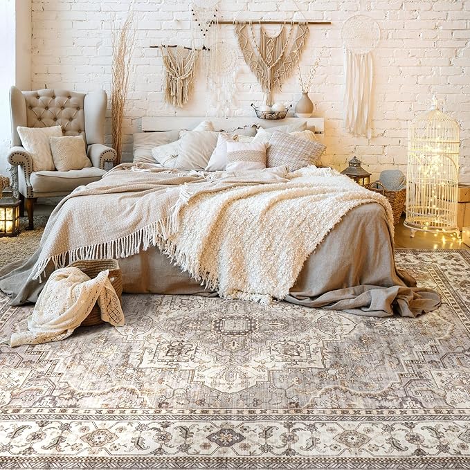 Washable Area Rugs for Living Room - 10x14 Neutral Vintage Distressed Floral Farmhouse Boho Large Soft Floor Rug Indoor Non Slip Carpet for Bedroom Dining Room Office - Grey