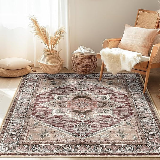 BESTSWEETIE 3x5 Area Rugs for Living Room Washable Non Slip Carpet Low Pile Soft Vintage Print Pattern Rug for Bedroom Dining Room Kitchen Entryway Indoor-Wine/Brown/Brick/Black/Light tan