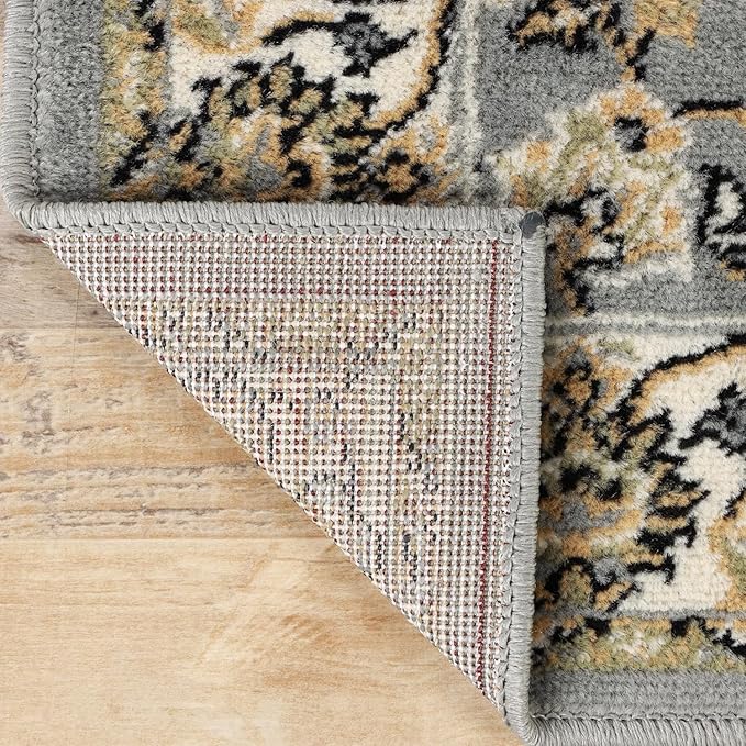Superior Indoor Runner Rug, Jute Backing, Plush Floral Rugs for Entryway, Kitchen Floors, Office Floor Cover, Traditional Oriental Rugs, Lille Collection, 2' 7" x 8', Grey