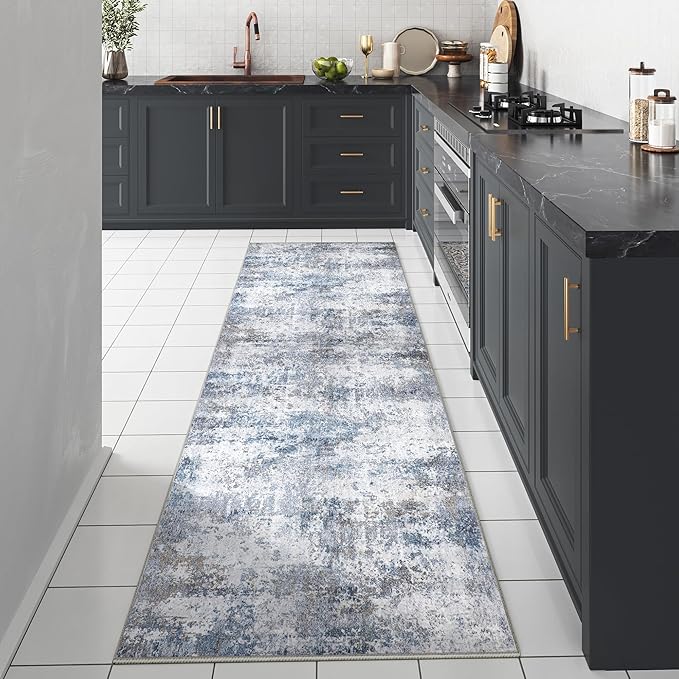 2x10 Runner Rugs Grey Blue Machine Washable Hallway Area Rug Indoor Accent Rug Abstract Non Slip Low Pile Carpet Distressed Throw Rug for Bedroom Living Room Office Dining Room Kitchen