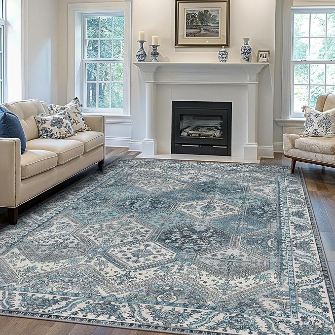 Bavni 6x9 Area Rugs for Living Room, Machine Washable Rug Non Slip, Vintage Chenille Distressed Print Carpet, Large Low Pile Ultra-Thin Lightweight Rugs for Bedroom, Dining Room, Home, Office, Blue