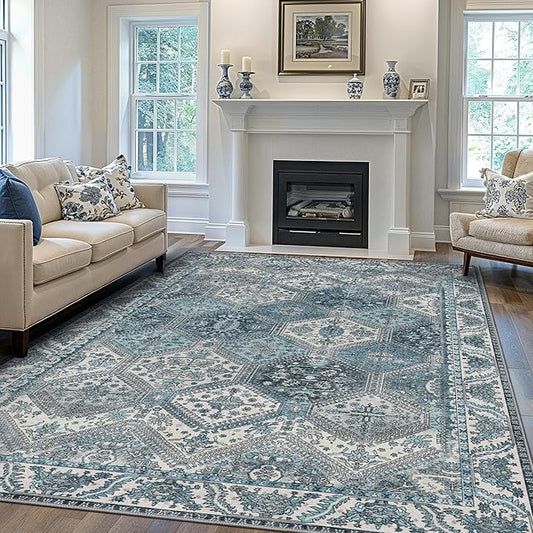 Bavni 3x5 Area Rugs for Living Room, Machine Washable Rug Non Slip, Vintage Chenille Distressed Print Carpet, Large Low Pile Ultra-Thin Lightweight Rugs for Bedroom, Dining Room, Home, Office, Blue