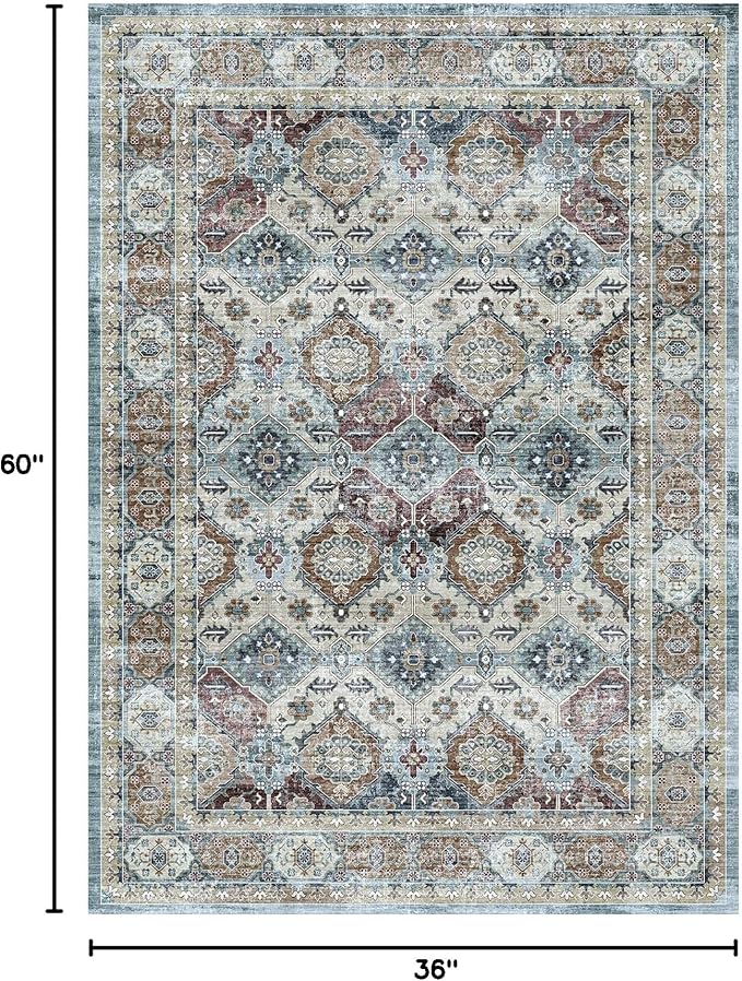 Vintage Area Rug 3x5 for Bedroom, Small Distressed Rug for Kitchen Entryway Bathroom Living Room Office Carpet