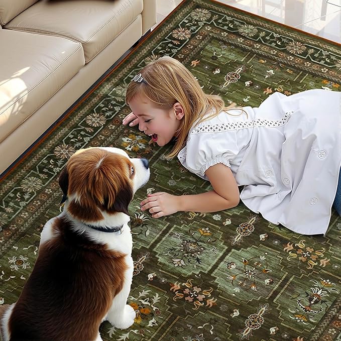 4x6 Area Rug for Bedroom Machine Washable, Non Slip Vintage Floral Kitchen Rugs for Dining Room, Low Pile Indoor Floor Print Carpet for Nursery Farmhouse Home Office Dark Green