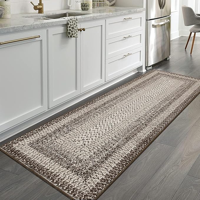 Imitation Braided Collection-Print Long Hallway Runners 2x10 Washable Area Rug, Farmhouse Rustic Bordered Area Rug Non Slip Soft Low Pile Indoor Carpet Runners for Entryways, Laundry Room