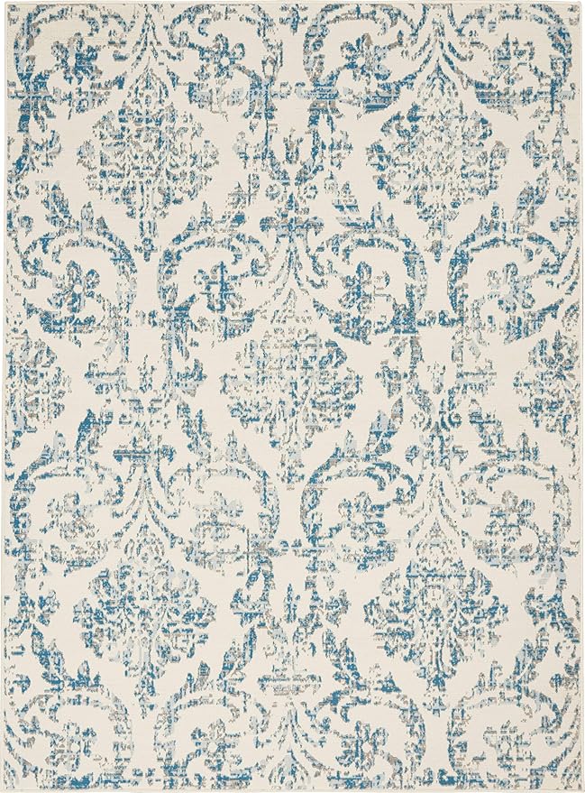 Nourison Jubilant Damask Ivory/Blue 4' x 6' Area -Rug, Easy -Cleaning, Non Shedding, Bed Room, Living Room, Dining Room, Kitchen (4x6)