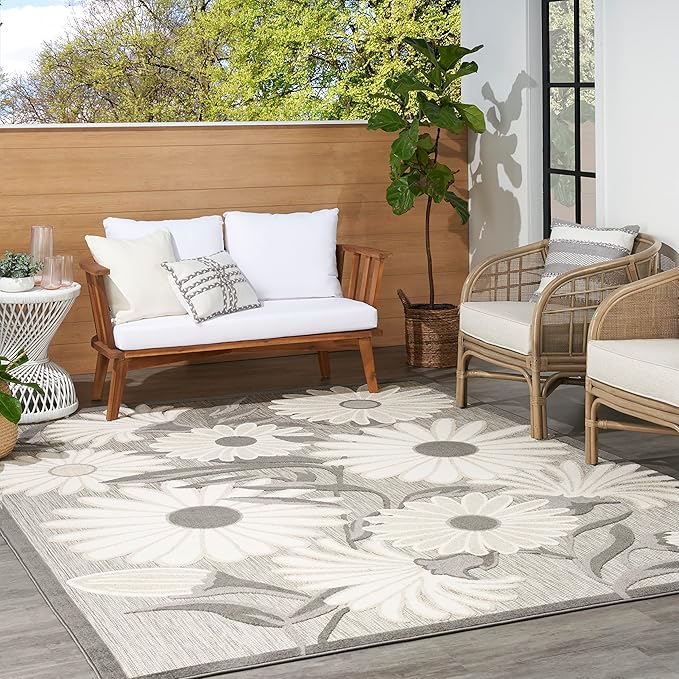 Nourison Aloha Indoor-Outdoor Beige 5'3" x 7'5" Area Rug, Easy Cleaning, Non Shedding, Bed Room, Living Room, Dining Room, Kitchen (5x7)