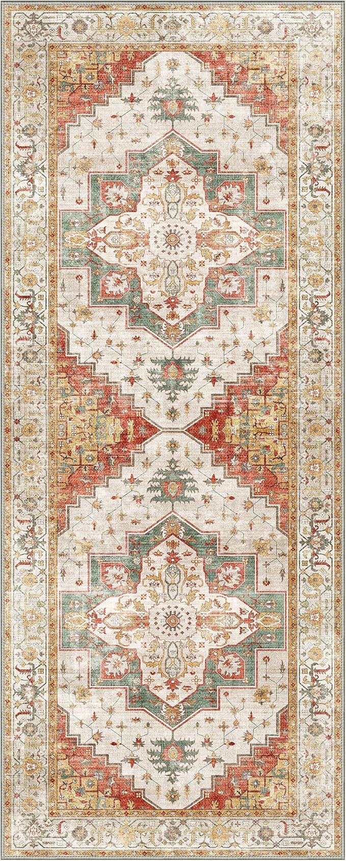 2X5 Area Rugs Machine Washable Runner Rugs for Living Room, Vintage Boho Rugs for Bedroom Dining Room, Non Slip Indoor Soft Distressed Lightweight Thin Low Pile Carpet, Yellow Slate Green