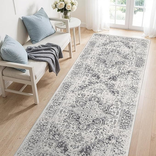Washable Hallway Runner Rug 3x8: Soft Vintage Kitchen Laundry Runner Non Slip Low-Pile Entryway Living Room Stain Resistance Indoor Floor Long Carpet for Bedroom Bathroom, Grey