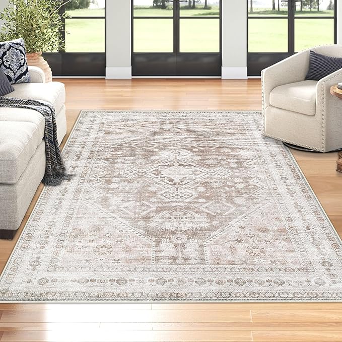 Zomfy Area Rug Vintage 3x5 Rug: Washable Indoor Rug, Traditional Oriental Medallion Rug, Non Slip Carpet for Living Room Bedroom Dining Table Kitchen(Beige, 3'x5')