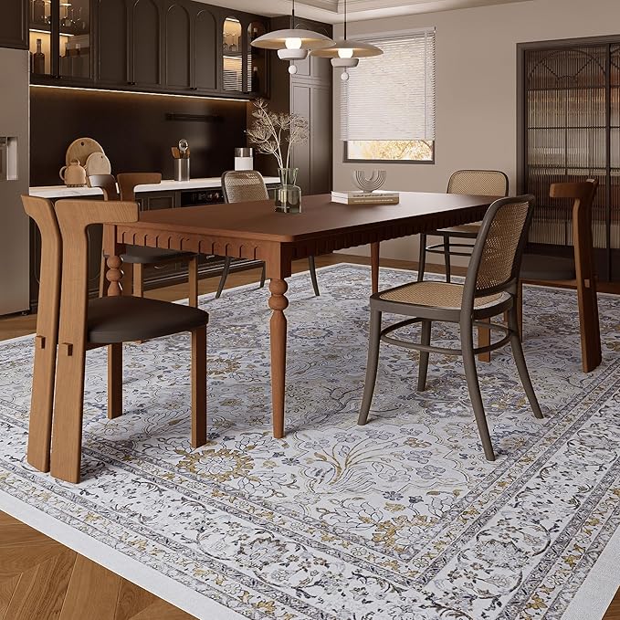 8x10 Rug, Washable Neutral Boho Modern Vintage Non Slip Floral Area Rugs, Low Pile Soft Rugs, Area Rugs, Slip Resistance Carpet, Pet-Friendly Carpet, Durable Rug for Living Room, Bedroom