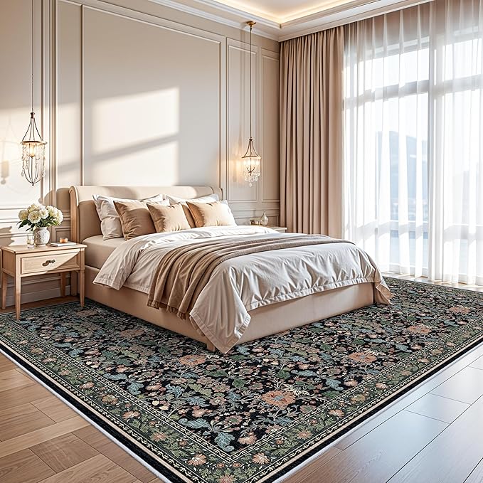 10x12 Area Rug Living Room: Soft Vintage Oriental Floral Farmhouse Style - Washable Low Pile Stain Resistant Thin Indoor Carpet with Non Slip Backing (10x12 Black/Green/Multi)