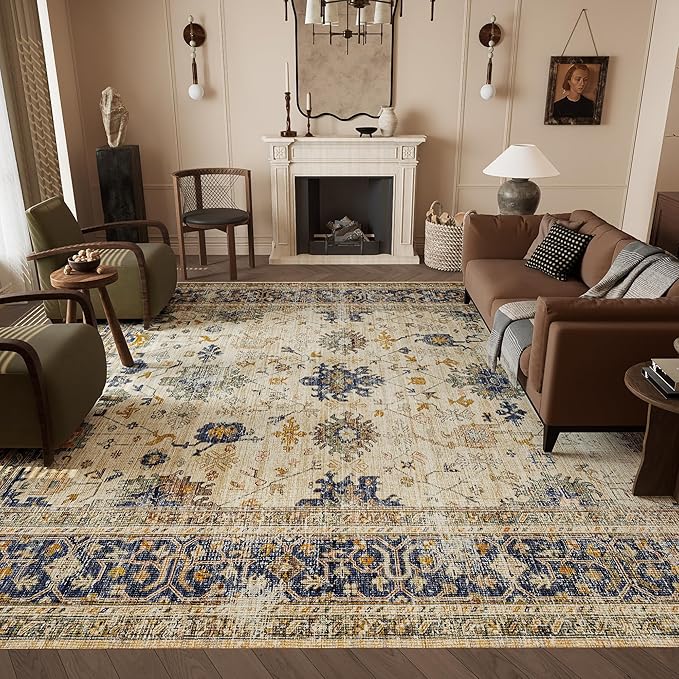 8x10 Rug, Washable Neutral Boho Modern Vintage Non Slip Floral Area Rugs, Low Pile Soft Rugs, Area Rugs, Slip Resistance Carpet, Pet-Friendly Carpet, Durable Rug for Living Room, Bedroom