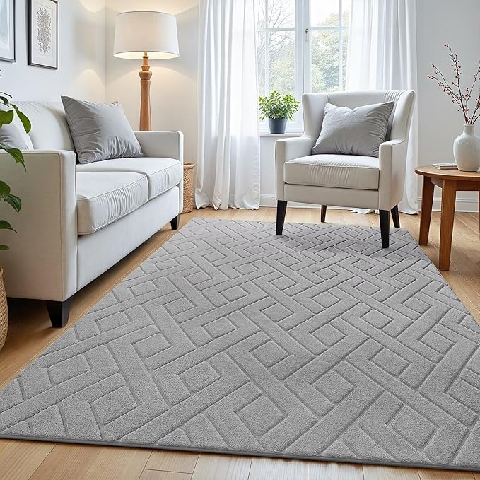 Ultra Soft Grey Area Rug for Bedroom, 3x5 Modern Geometric Shag Rugs with Nonslip Backing for Living Room, Washable Fuzzy Carpet for Cozy Kids Room Nursery