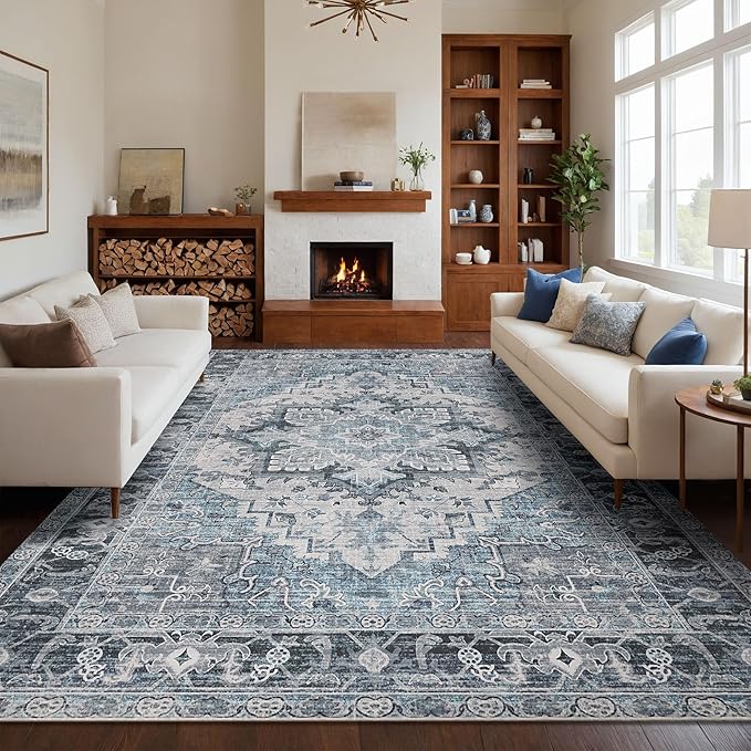 Washable Area Rugs Boho Non Slip Stain Resistant Thin Carpet Vintage Blue Printed Oriental Distressed 6x9 Rug for Living Room Bedroom Low Pile