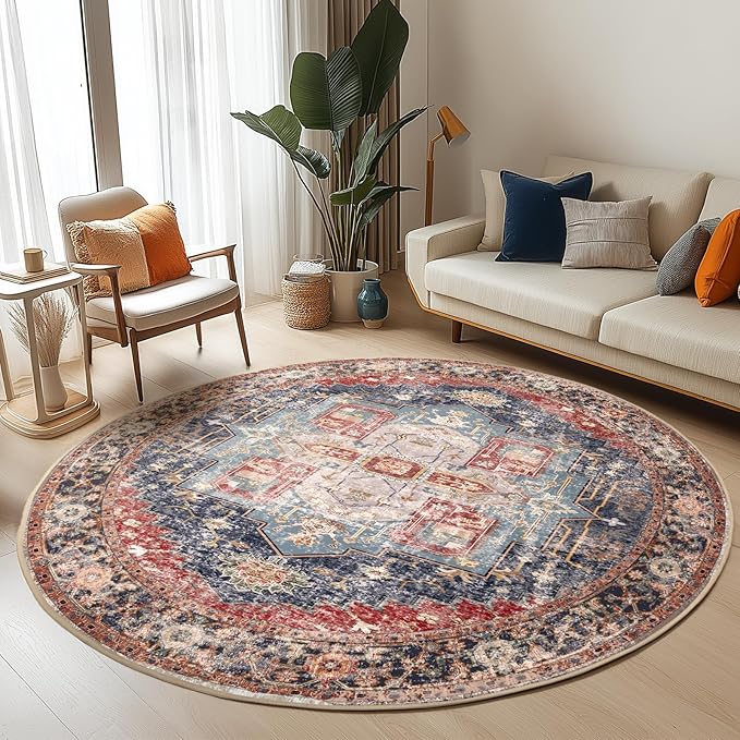 Washable 8ft Area Rugs, Rugs for Living Room, Low-Pile Water&Stain Resistant Carpet Vintage Distressed Printed Non-Slip Carpet for Bedroom Bathroom Kitchen-Dark Red
