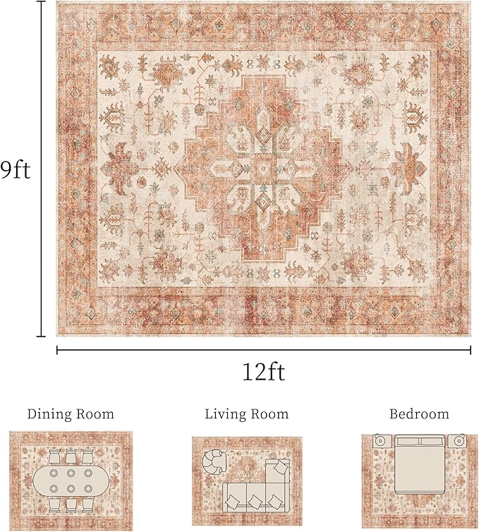 9x12 Rug, Washable Neutral Boho Modern Vintage Non Slip Floral Area Carpet, Low Pile Soft Rugs, Slip Resistance, Pet-Friendly, Durable Rug for Living Room, Bedroom, Kitchen, Dining Room