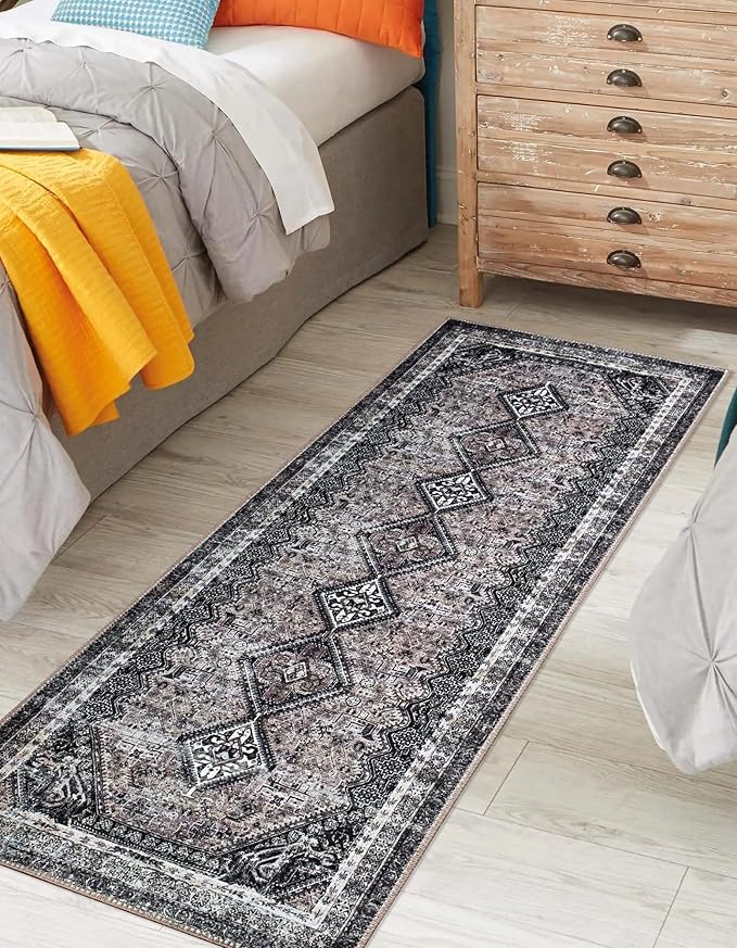 Keen Home Design Machine Washable Area Rugs with Non-Slip Backing, Ideal for Hallway, Living Room, Bedroom, Kitchen and Laundry Room, Vintage Moroccan and Low Pile Rug - (2'6'' x 10'), Black
