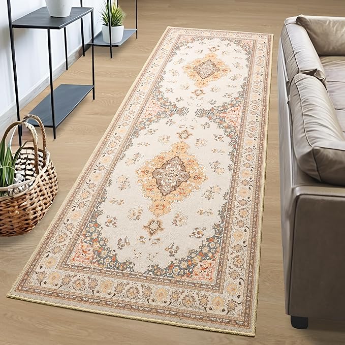 Tepook 2x6 Vintage Runner Rug - Low Pile Washable Non-Slip Carpet for Hallway, Kitchen, Bedroom, Entryway, Laundry Room, Bathroom - Indoor Throw Rug in Beige