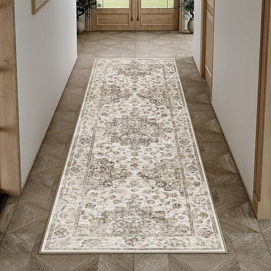 2x6 Washable Neutral Runner Rug Brown Hallway Kitchen Non-Slip Low Pile Floral Carpet Vintage Soft Thin Throw Rug for Bathroom Bedroom Entryway Laundry Dining Room