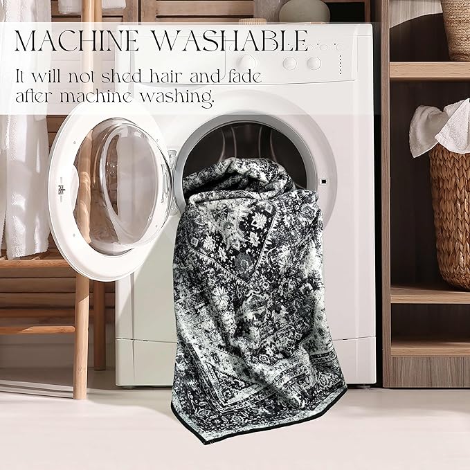MUJOO Black Rug Washable Runner Rug for Kitchen Bathroom Entryway Non Slip Carpet Throw Rugs for Hallway Bedside Laundry Room Long Boho Area Rug Soft Floral Home Decor 2'x6'