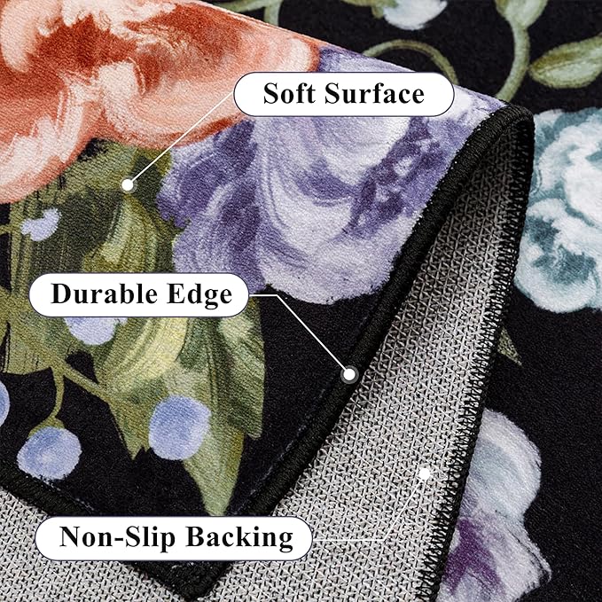 Black Area Rug 3x5 Floral Office Door Mat Living Room Indoor Non Slip Kitchen Carpet Washable Bedroom Low Pile Soft Accent Rug for Office Dining Room Bathroom Farmhouse