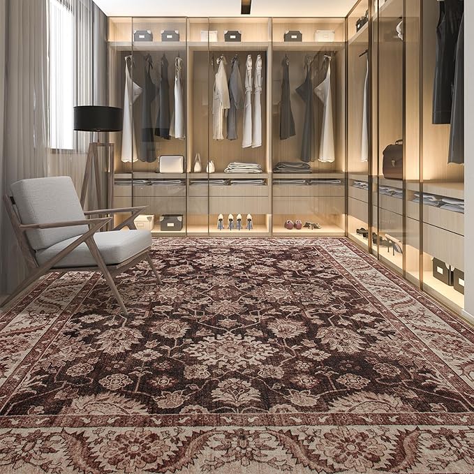 Area Rugs for Living Room, Washable 5x7 Area Rug for Bedroom, Retro Floral Non-Slip Carpet for Nursery Home Office Dining Room Kitchen, Brownish Red