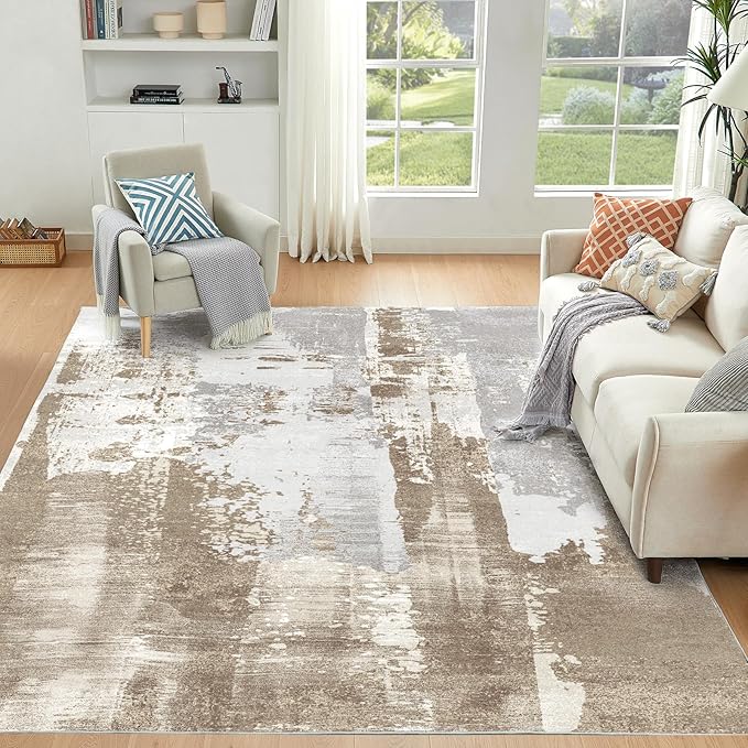 Washable Rug Low Pile Modern Bedroom Area Rug 8x10 Non-Slip Backing Home Decor No Shedding Lightweight Abstract Large Carpet for Dining Room Living Room Office, Brown