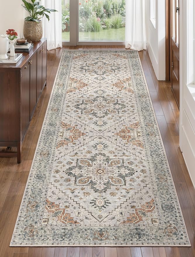 2.6x8 Washable Runner Rug for Hallways, Non Slip Vintage Runner Rugs, Soft Low Pile Long Rugs Print Distressed Taupe Carpet Runners for Kitchen Bedroom Entryway Bathroom Living Room