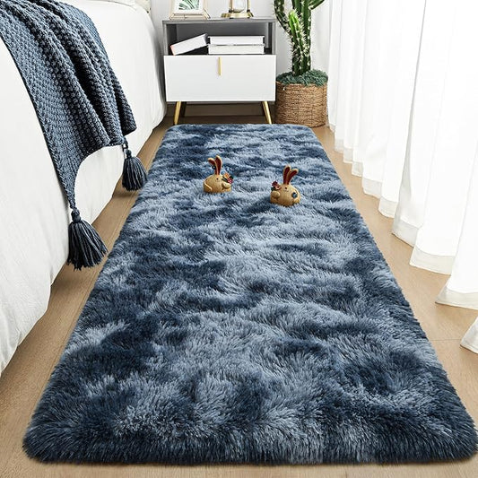 Tepook Fluffy Runner Rugs for Bedroom Aesthetic 2x6 Feet, Shag Soft Bedside Rug with Non-Slip Bottom, Fuzzy Plush Carpet for Room, Hallway Rug for Nursery Dorm Indoor Home Decor, Tie-dye Dark Blue