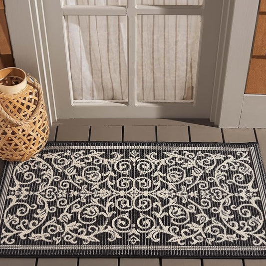 SAFAVIEH Courtyard Collection Accent Rug - 2'3" x 5', Black & Sand, Scroll Design, Non-Shedding & Easy Care, Indoor/Outdoor & Washable-Ideal for Patio, Backyard, Mudroom (CY2098-3908)