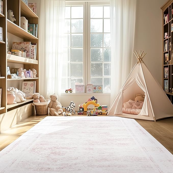 8x10 ft Washable Area Rug, Non-Slip Soft Boho Pink Rug for Living Room, Bedroom, Patio, Dining Room & Kids' Rooms - Indoor/Outdoor Farmhouse Style