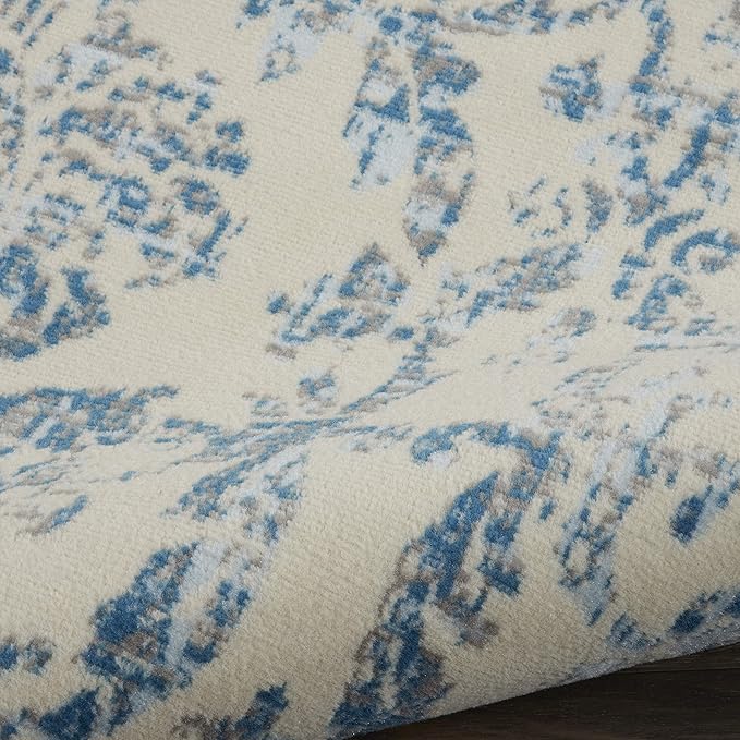 Nourison Jubilant Damask Ivory/Blue 8'6" x 12' Area Rug, Easy Clean, Non Shedding, Bedroom, Living Room, Dining Room, Kitchen