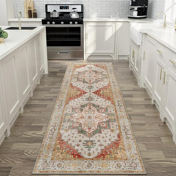 2X10 Area Rugs Machine Washable Runner Rugs for Living Room, Vintage Boho Rugs for Bedroom Dining Room, Non Slip Indoor Soft Distressed Lightweight Thin Low Pile Carpet, Yellow Slate Green