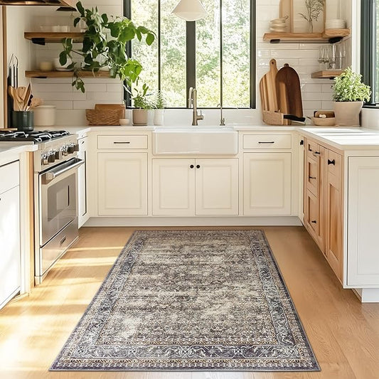 Washable Non-Slip Area Rug 3x5 ft - Boho Indoor Outdoor Rug for Entryway, Porch, Kitchen, Patio - Brown Runner Rug for Home Decor