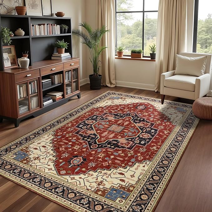 3x5 Orange Red Area Rug for Living Room, Machine Washable Rugs with Non-Slip Backing for Bedroom, Vintage Medallion Carpet Kitchen Laundry Kids Room Decor