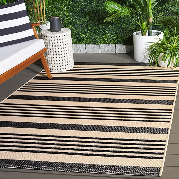 SAFAVIEH Courtyard Collection Area Rug - 8' x 10', Black & Bone, Stripe Design, Non-Shedding & Easy Care, Indoor/Outdoor & Washable-Ideal for Patio, Backyard, Mudroom (CY6062-216)