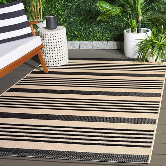 SAFAVIEH Courtyard Collection Area Rug - 8' x 10', Black & Bone, Stripe Design, Non-Shedding & Easy Care, Indoor/Outdoor & Washable-Ideal for Patio, Backyard, Mudroom (CY6062-216)