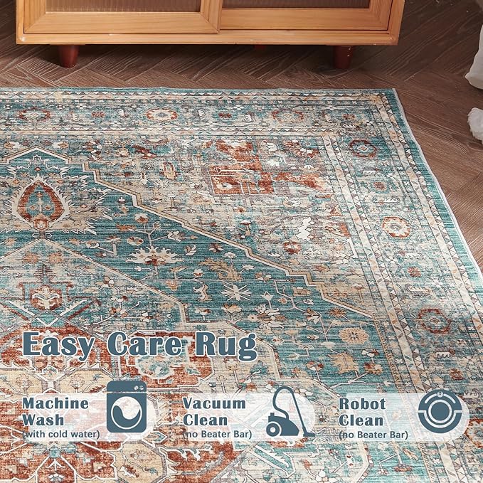 jinchan Runner Rug 2x5 Washable Hallway Rug Indoor Non Slip Blue Brown Vintage Laundry Room Mat Print Retro Distressed Soft Thin Accent Carpet for Bedroom Kitchen