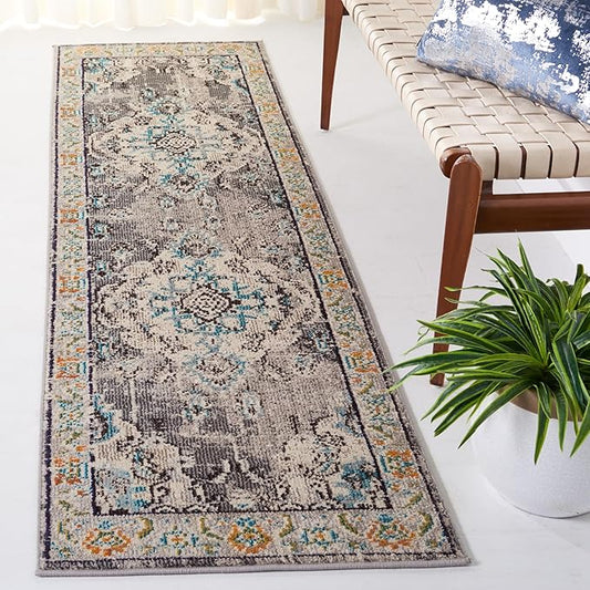 SAFAVIEH Monaco Collection 2'2" x 10' GreyLight Blue MNC243G Boho Chic Medallion Distressed Non-Shedding Living Room Entryway Foyer Hallway Bedroom Runner Rug